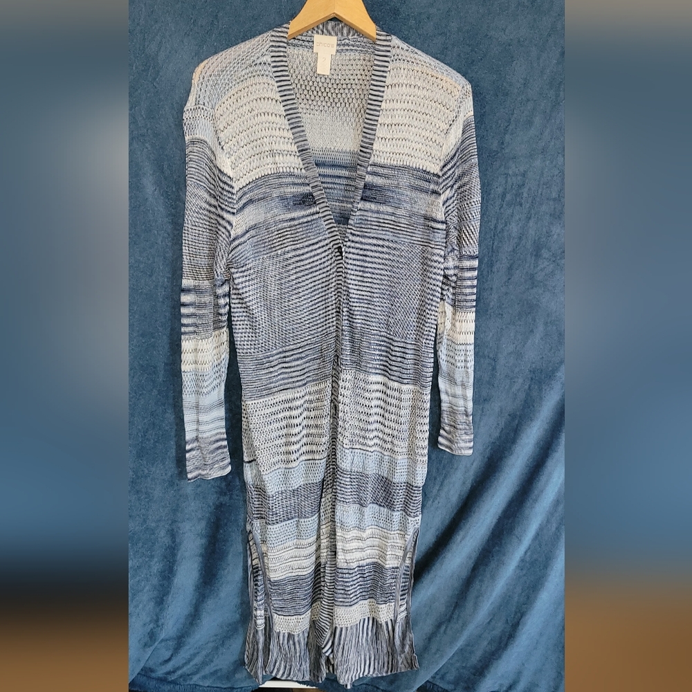 Chico's Navy and Cream Long Cardigan